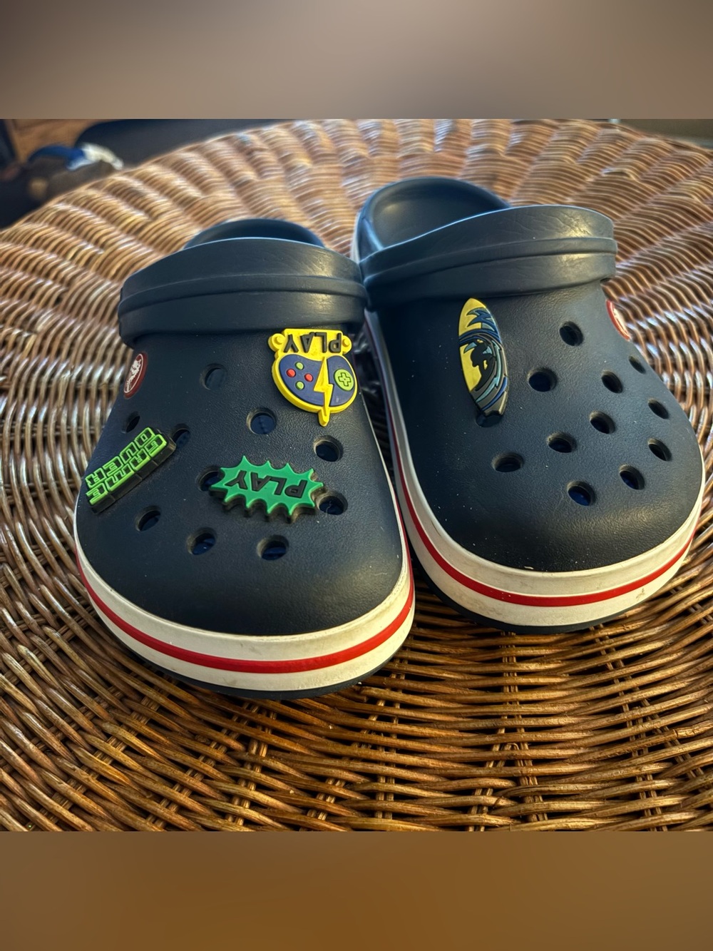 Crocs Kids Crocband Navy Red Clogs J3 Youth with Gaming Jibbitz Charms
